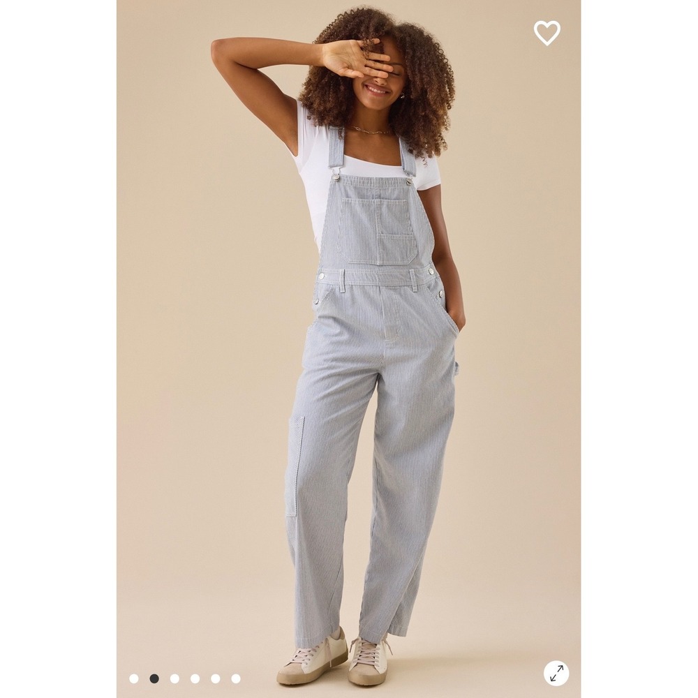 Altar'd State Hickory Stripe Denim Overalls Blue White Wide Leg Size XS